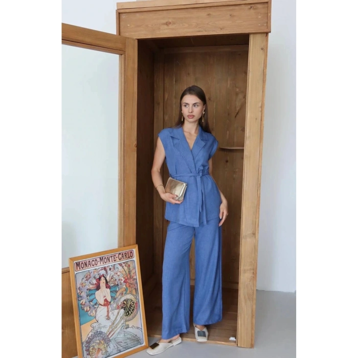 Keten yelek pantolon takım indigo pt