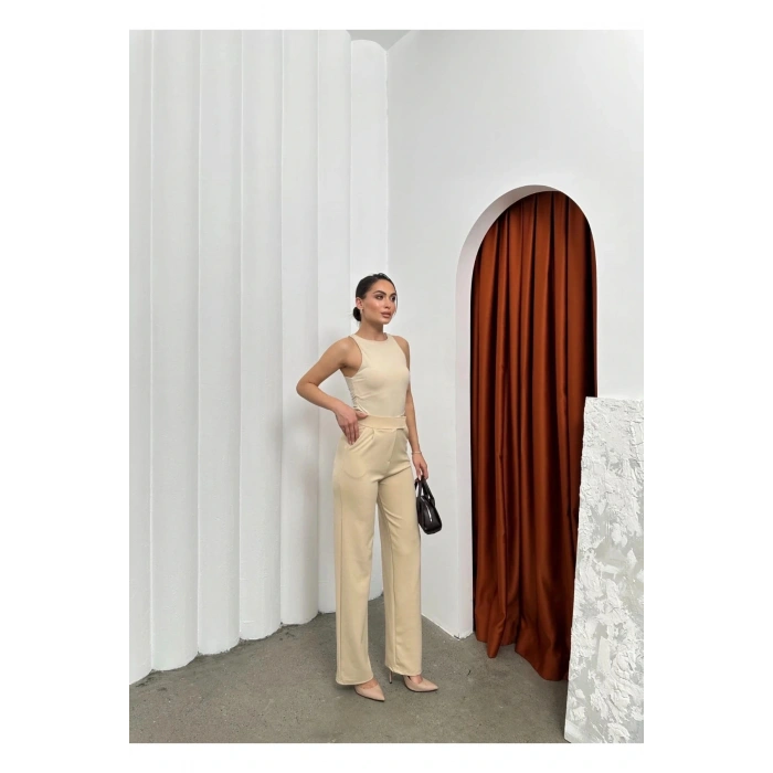 Cırtlı pantolon krep bej pt