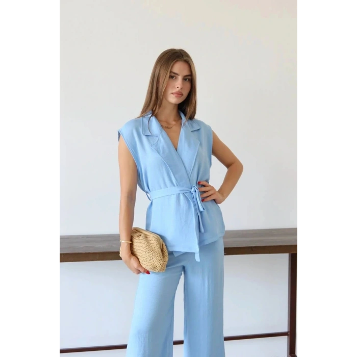 Keten yelek pantolon takım mavi pt