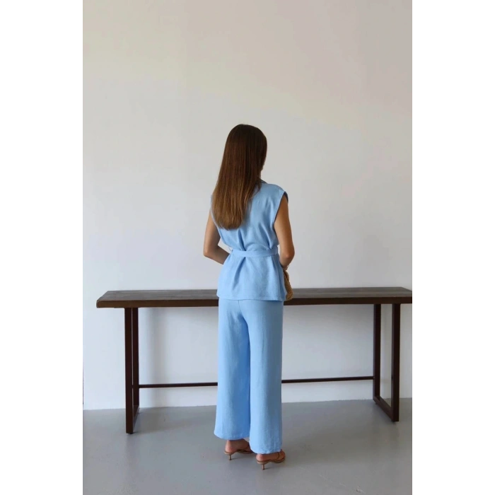 Keten yelek pantolon takım mavi pt