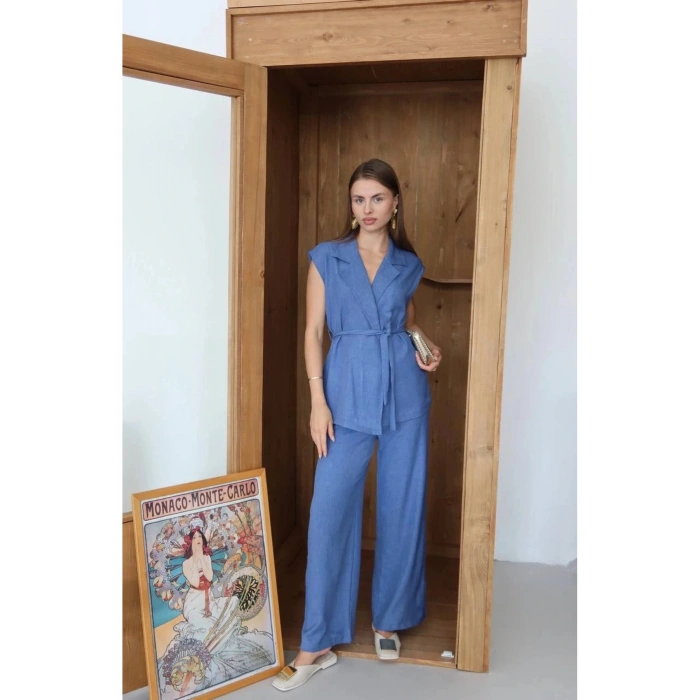 Keten yelek pantolon takım indigo pt