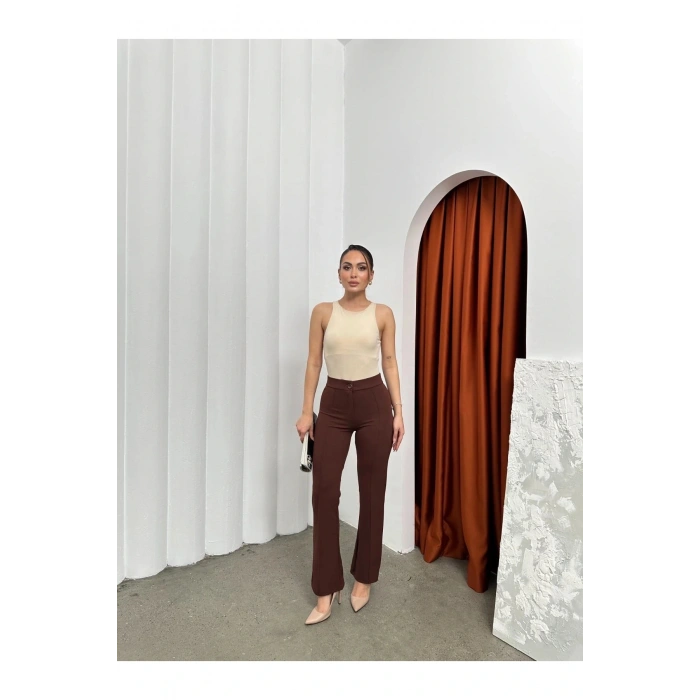Düğmeli Palazzo pantolon kahve p170091