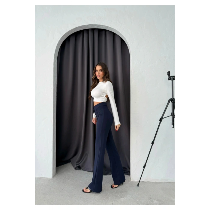 Düğmeli Palazzo pantolon lacivert p170091