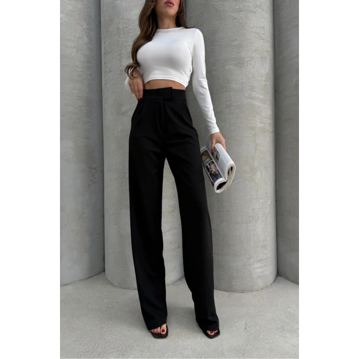 Cırtlı pantolon krep siyah pt