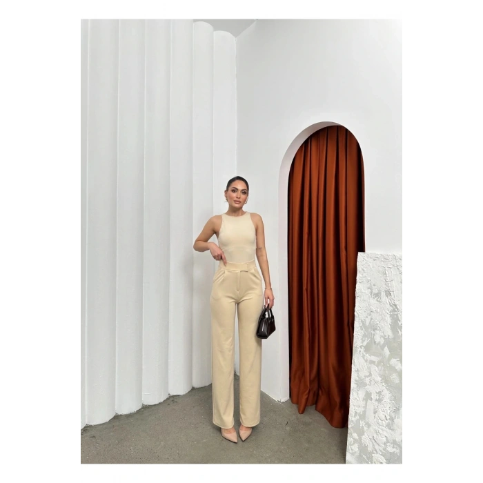 Cırtlı pantolon krep bej pt