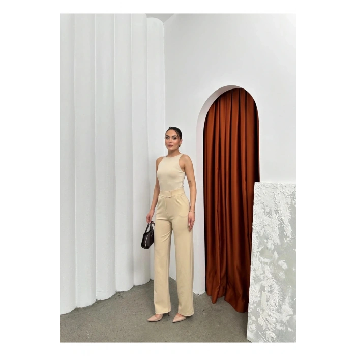 Cırtlı pantolon krep bej pt