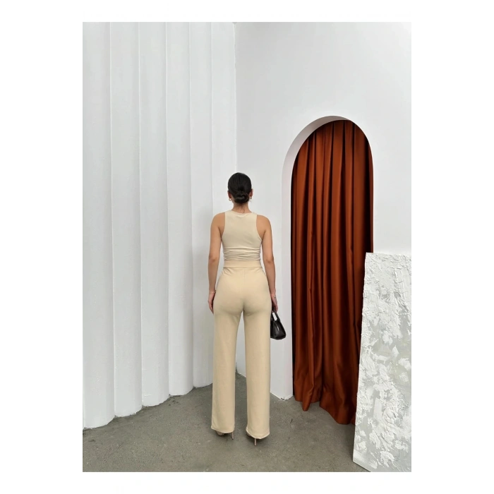 Cırtlı pantolon krep bej pt