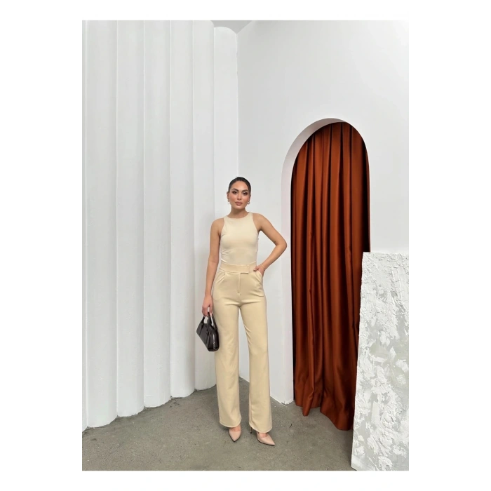 Cırtlı pantolon krep bej pt