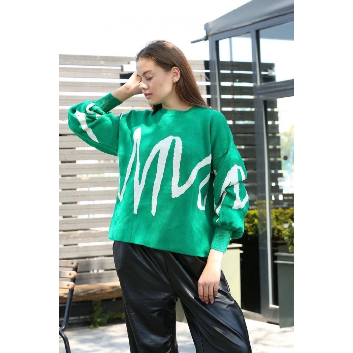 Beyaz çizgili bisiklet yaka kazak yeşil