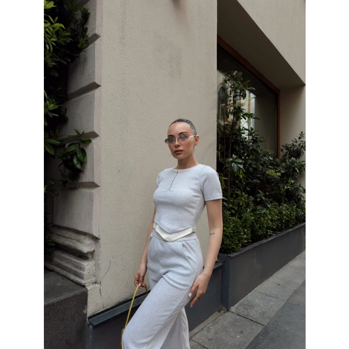 Düğme yakalı gri alt üst takım s3943