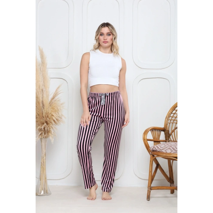 Kadife pijama altı pembe üstüne siyah çizgi desenli q7013
