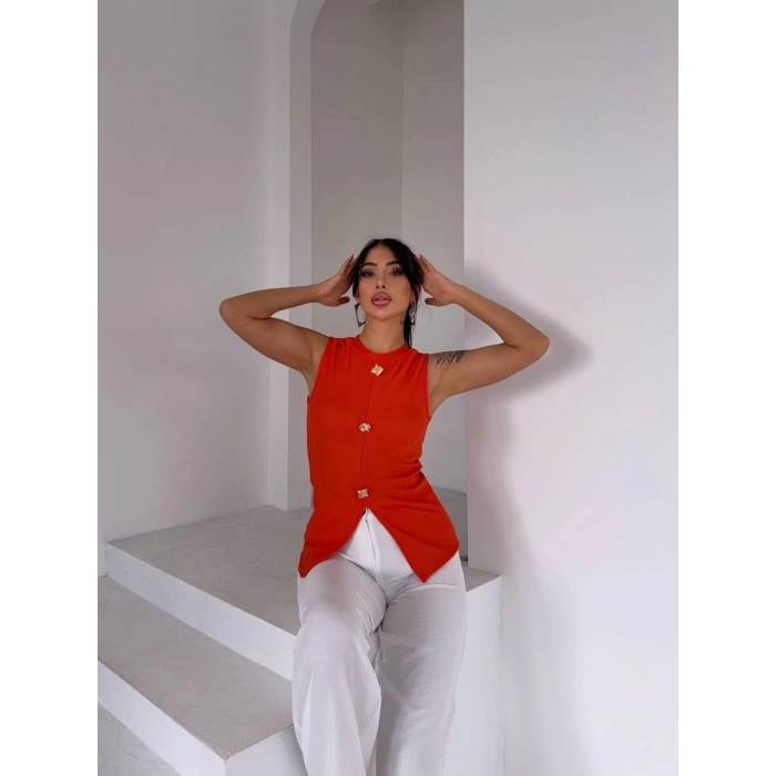 Kadın turuncu bisiklet yaka gold düğmeli ottoman bluz s2310