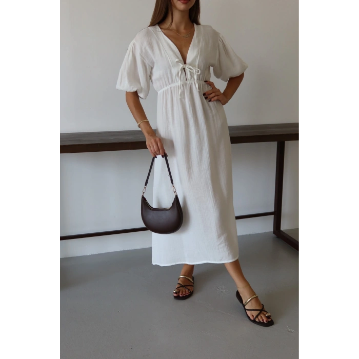 Kısa kollu müslin elbise beyaz pt