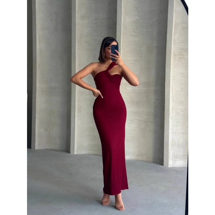 Krinkıl tek omuz uzun elbise bordo s25455