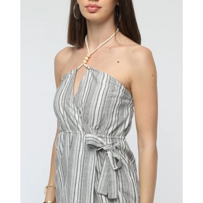 Kuşaklı çizgili mini keten elbise