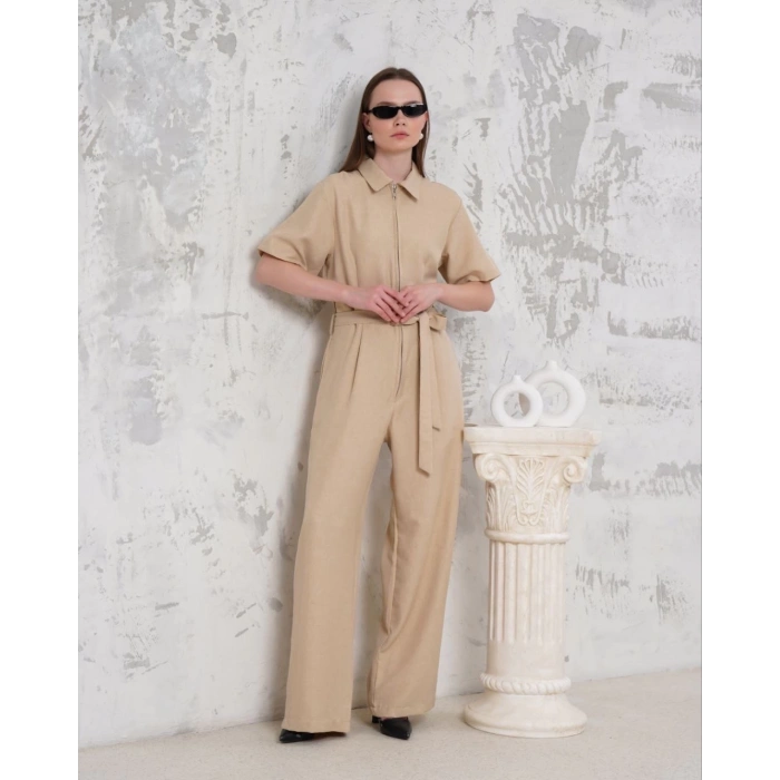 Kuşaklı gömlek yaka salaş tulum bej s255822