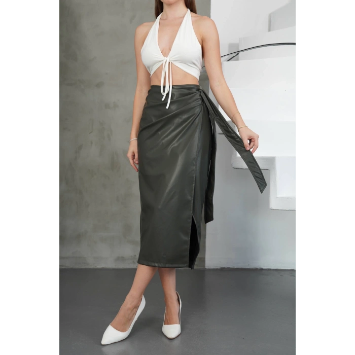 Kuşaklı uzun deri etek haki h26414