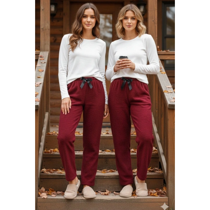 Peluşlu pijama alt bordo nr
