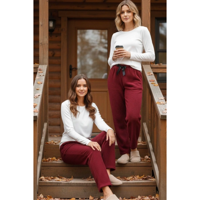 Peluşlu pijama alt bordo nr