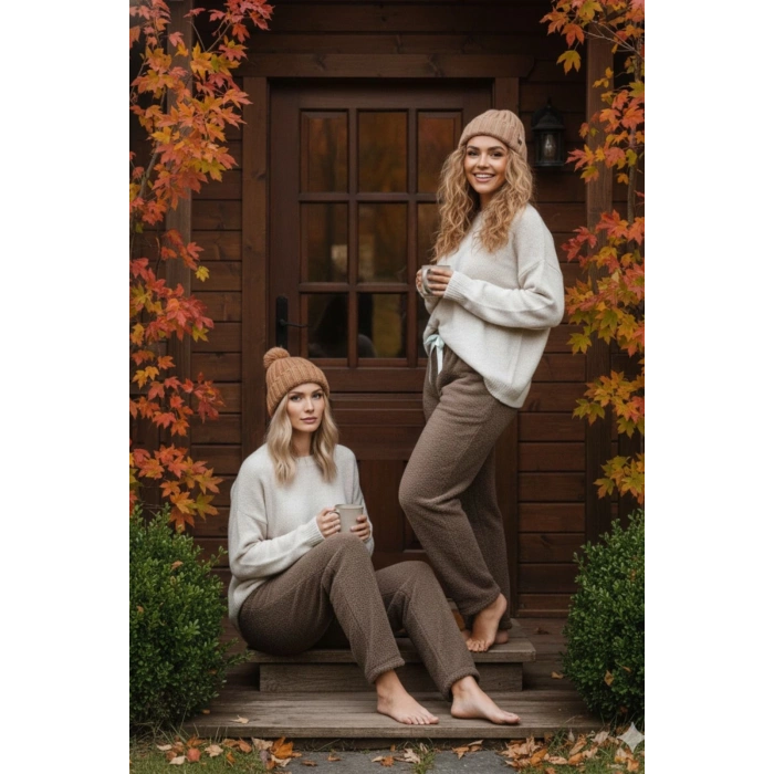 Peluşlu pijama alt kahve nr