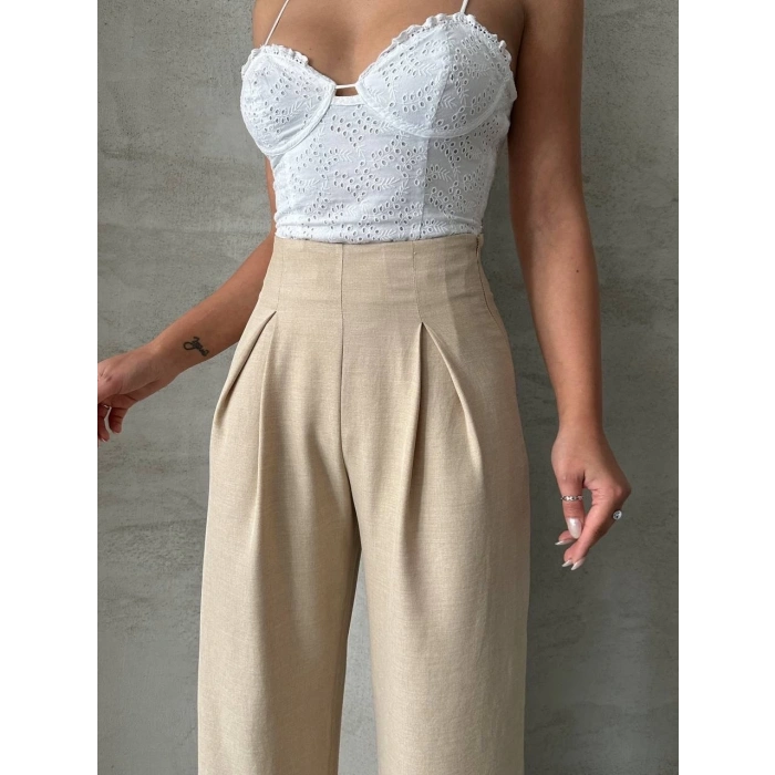 Pileli keten pantolon s255046