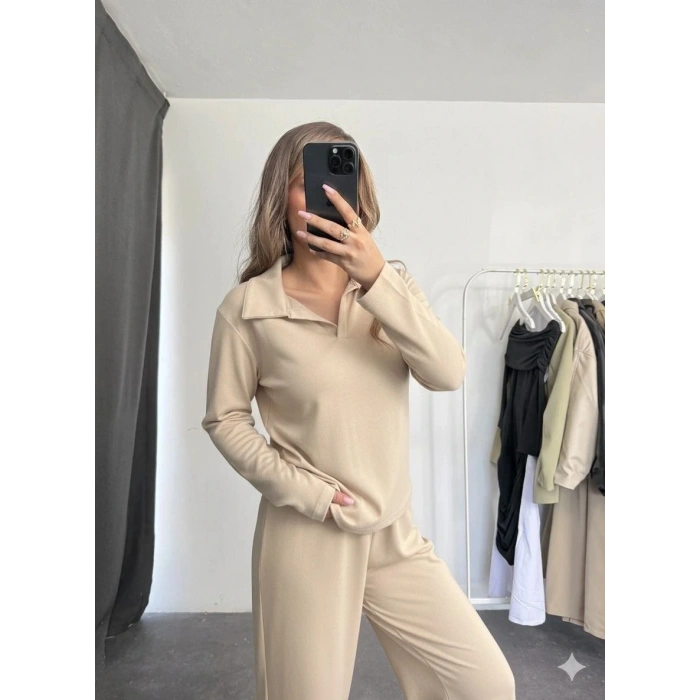 Polo yaka alt üst kollu modal takım bej pt