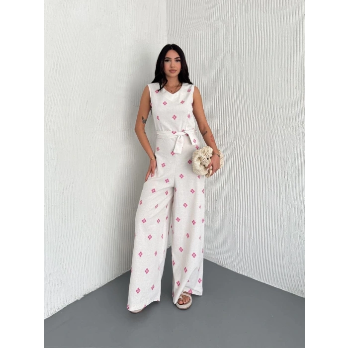 Sırt dekolteli keten beyaz tulum S1036