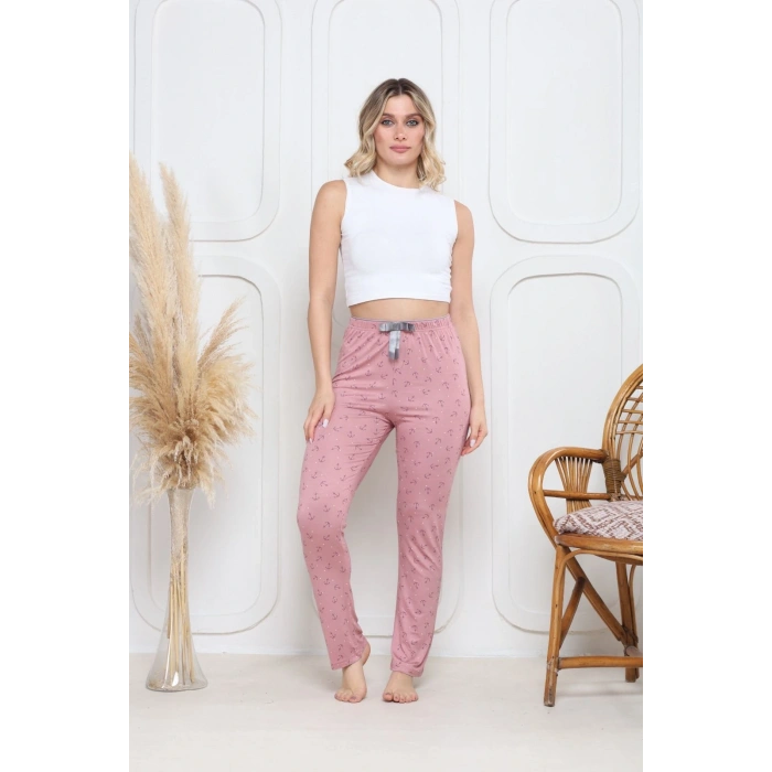 Viskon likralı alt pijama demir pembe baskı desenli q6018