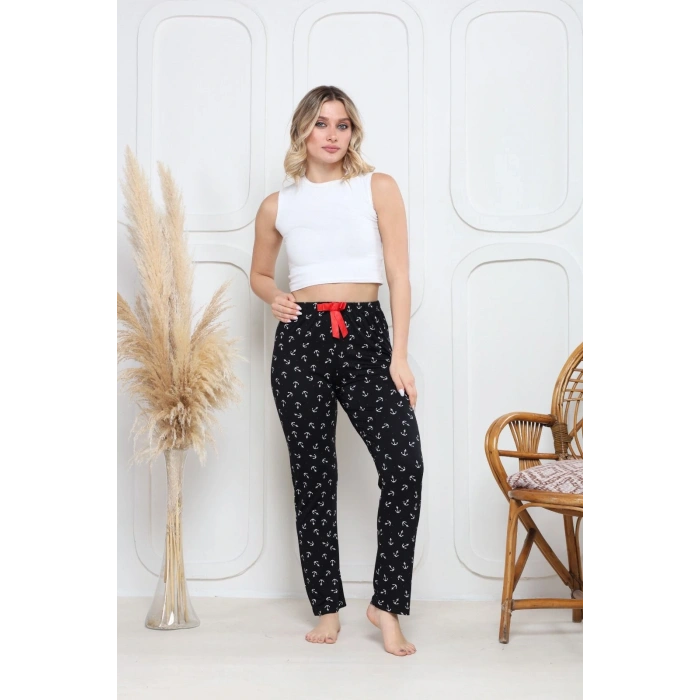 Viskon likralı alt pijama demir siyah baskı desenli q6018