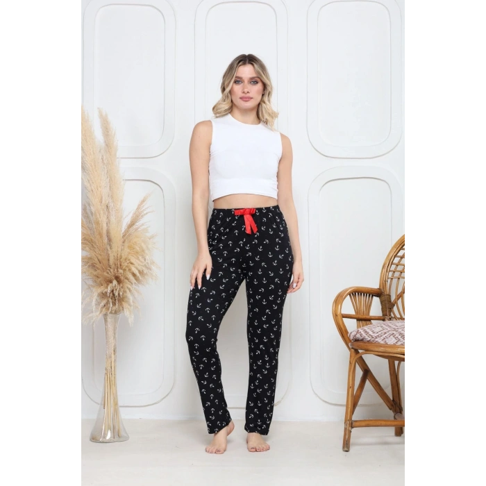 Viskon likralı alt pijama demir siyah baskı desenli q6018