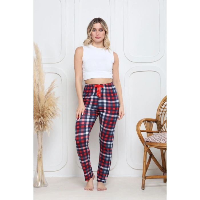 Viskon likralı alt pijama küçük ekose baskı desenli q6018