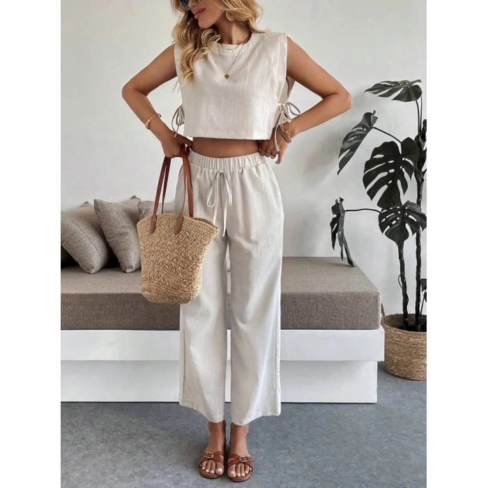 Yan bağlama detaylı pantolonlu takım bej