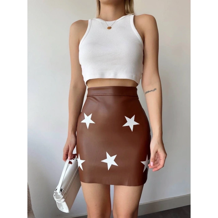 Yıldız baskılı deri etek kahve