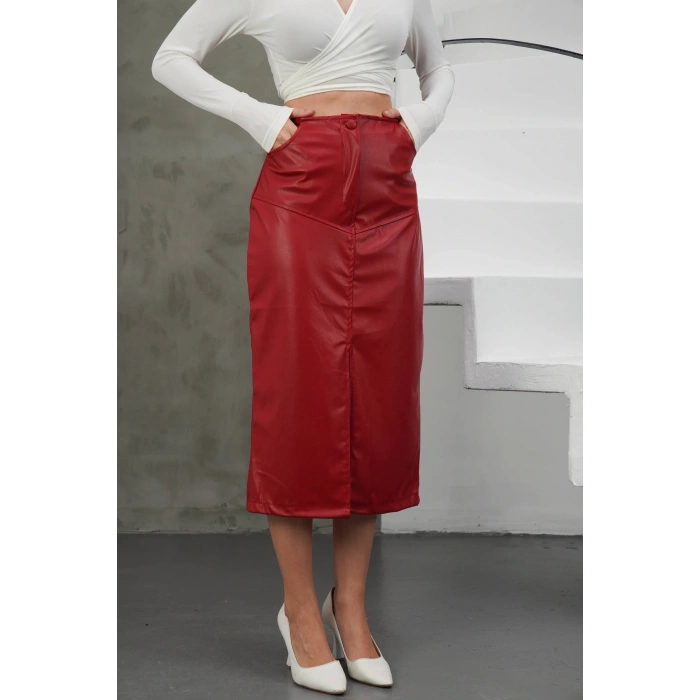 Yırtmaçlı uzun deri etek bordo