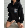 3 iplik şardonlu oversize kafa baskılı sweat siyah