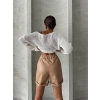 Beli lastikli duble paça deri şort bej w24755