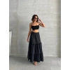 Fırfırlı brodeli astarlı uzun etek siyah s255047