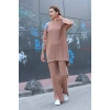 Omuz detaylı kol nakışlı ikili alt üst triko takım vizon