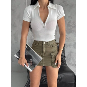 kaşkorse yaka fermuarlı bluz beyaz