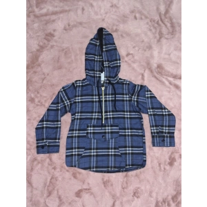 5-10 yaş ekoseli yarım fermuarlı kanguru cep kapşonlu ceket mavi