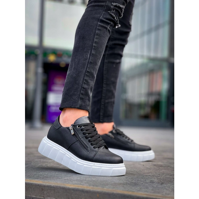KB-X155 Kuback Siyah Cilt Detaylı Beyaz Yüksek Taban Günlük Spor Ayakkabı