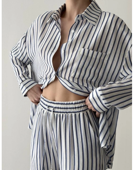 Mavi çizgili keten takım