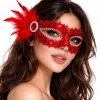 Kırmızı Taşlı Venedik Parti Maskesi – Tüylü Payetli