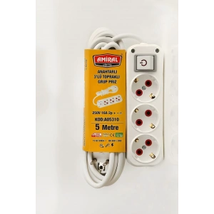 Amiral 3 Lü Topraklı Anahtarlı 5 Metre Kablolu Grup Priz