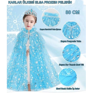 Karlar Ülkesi Elsa Frozen Mavi Pelerin – 80 Cm Kar Desenli Çocuk Pelerini ( Taç Hariç )