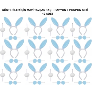 Mavi Tavşan Kostüm Seti – Taç, Papyon, Ponpon (12’li Paket)