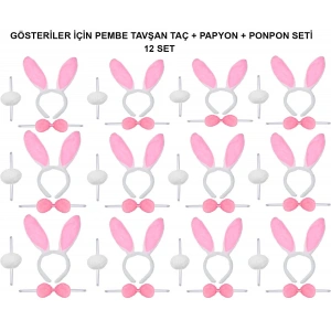Pembe Tavşan Kostüm Seti – Taç, Papyon, Ponpon (12’li Paket)
