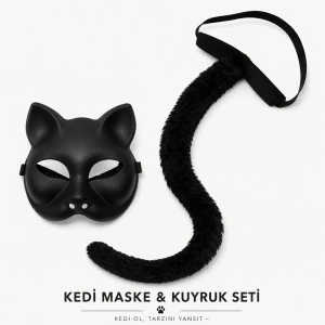 Siyah Kedi Maskesi Ve Peluş Kuyruk Kostüm Seti 70 Cm