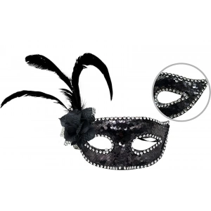 Siyah Renk Yandan Tüylü Güllü Gümüş Taşlı Pullu Maske 20x22 Cm