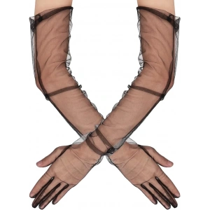 Uzun Boy Likralı Siyah Renk Yetişkin Mega Tül Eldiven 53 Cm